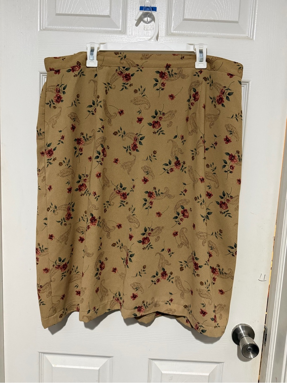 Worthington Tan Midi Skirt with Red Floral Print